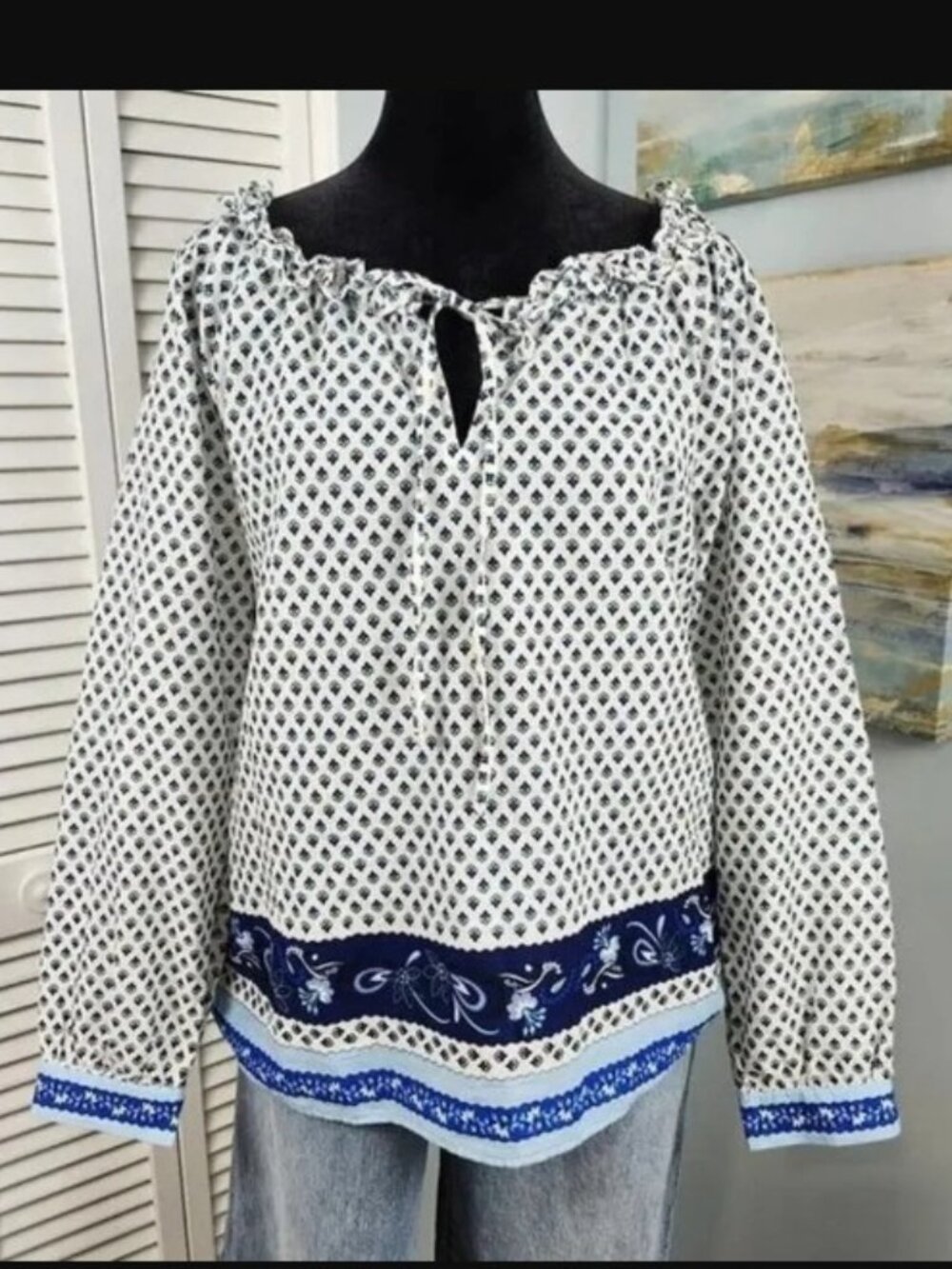 3/$20 J. Crew Top size Small Blue Floral Peasant Boho Long Sleeve